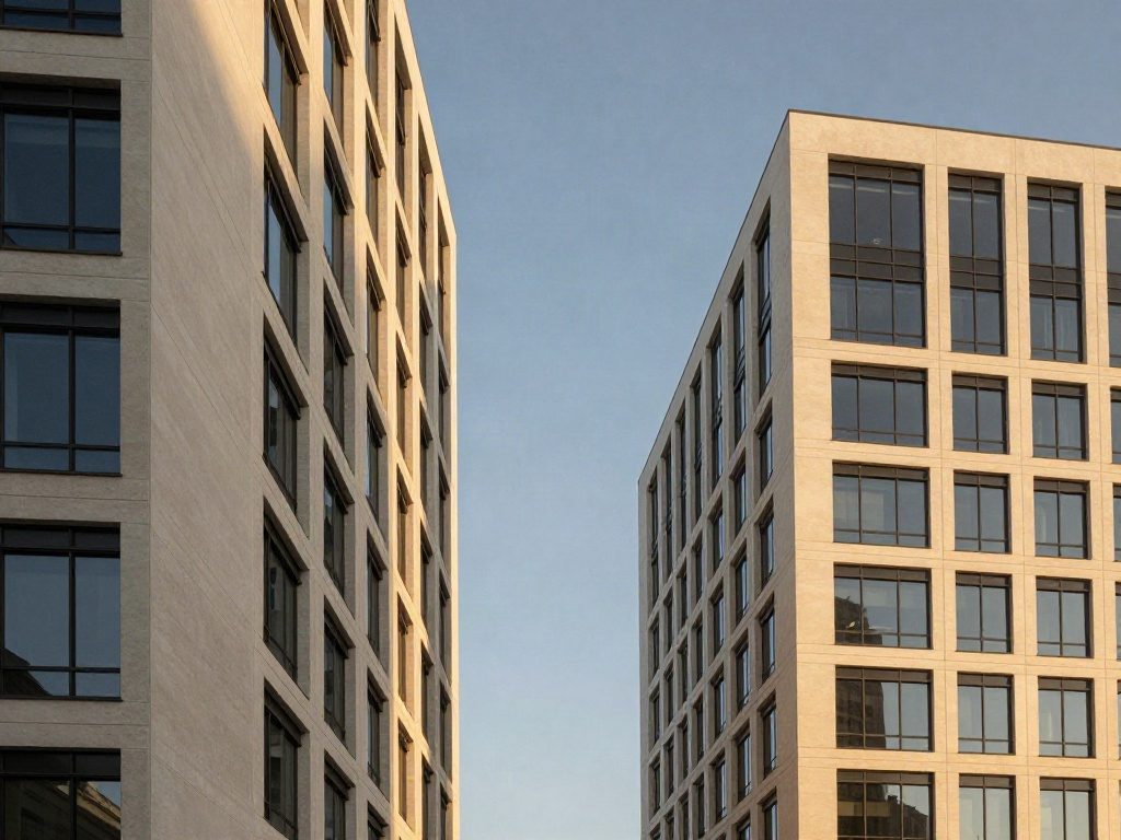 Sunlit contemporary office buildings seen from a fresh upward perspective