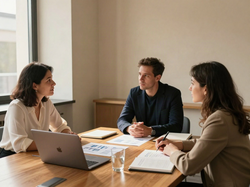 Consultants working together on business analytics and strategic priorities in a bright meeting room